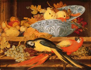 果物とコンゴウインコのある静物、1622年（銅に油彩）